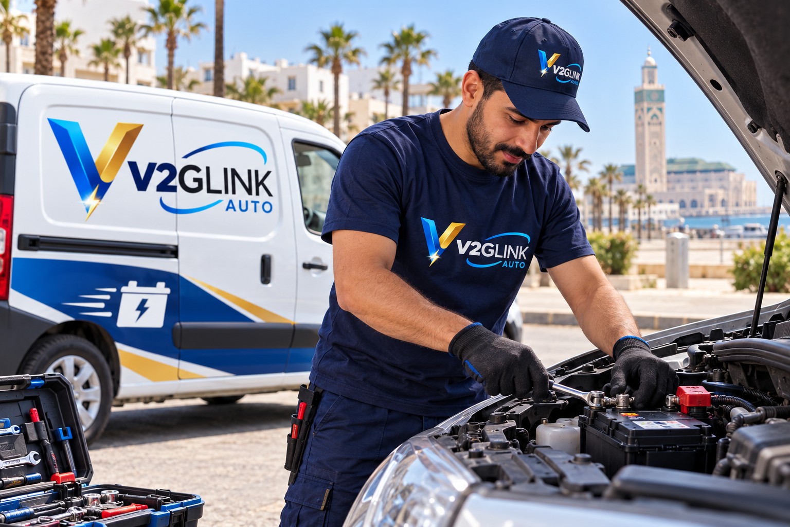 فني من V2GLink Auto يركب بطارية بجانب سيارة الخدمة في الدار البيضاء